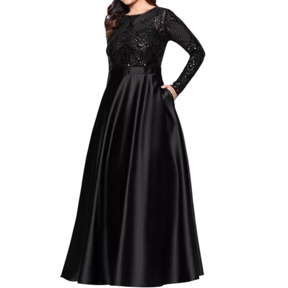 NWOT Betsy & Adam Sequin Long Sleeve Ball Gown Black Size 8 - Picture 2 of 10